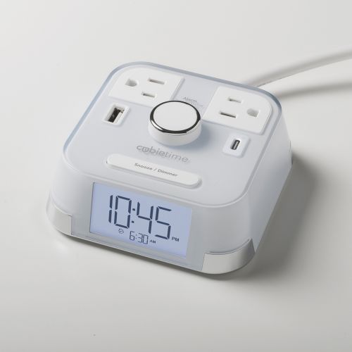 Réveil-matin Brandstand CubieTime avec 2 prises et 2 ports de charge USB, blanc